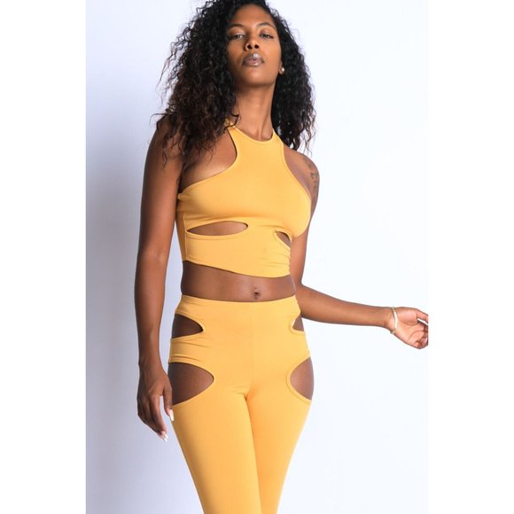 Women's Sexy Cut-Out Detailed Halter Crop Top & Matching Leggings Set Club Party - Picture 12 of 12